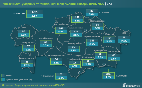 Сезонный грипп и пневмония: численность умерших от этих заболеваний в РК выросла на 5%